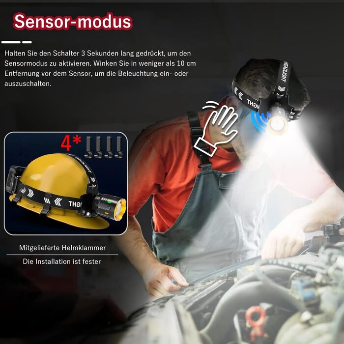 LED-ліхтар на голову з перезарядкою, супер яскравий, сенсорний, водонепроникний IP67, велика батарея для кемпінгу, риболовлі та активного відпочинку