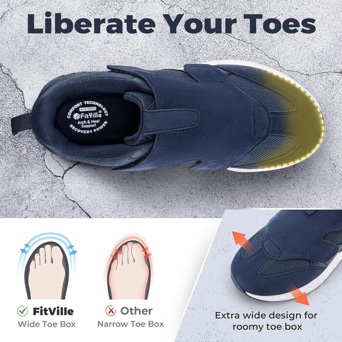 Кросівки для бігу та ходьби FitVille для чоловіків, широкі, спортивні, з кріпленням на липучці, зручні, ортопедичні, антиковзаючі, для широкої стопи, фітнес, джогінг, 43 EU, блакитні
