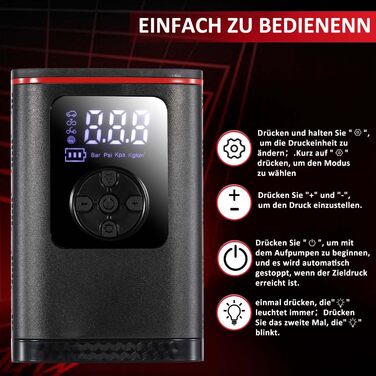 Hancaner електричний компресор-насос 6000mAh, 150 PSI, з великим дисплеєм і ліхтарем для авто, мотоцикла, велосипеда, м'ячів, 50 см шланг