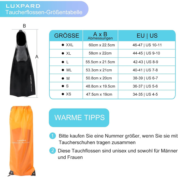 Плавці LUXPARD для дорослих, м'які комфортні ласти для снорклінгу, дайвінгу та фрідайвінгу, розмір 40/41
