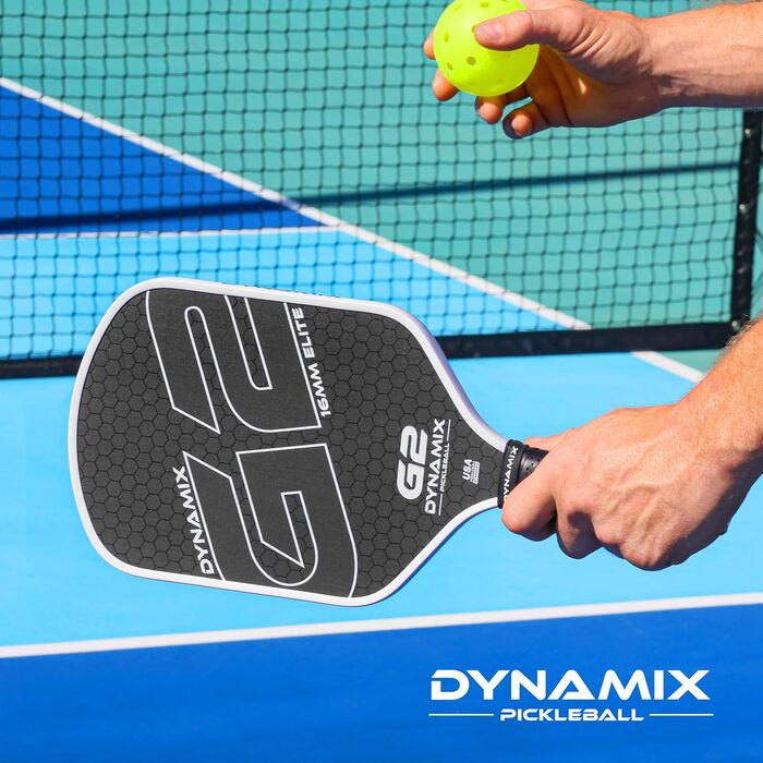 Пікбол ракетка з вуглецевого волокна Gen-2, 16 мм, схвалена USAPA, для професійного рівня, потужність, обертання та стабільність, довгаста, легка Pro-Balance (чорний хват / білий обід)