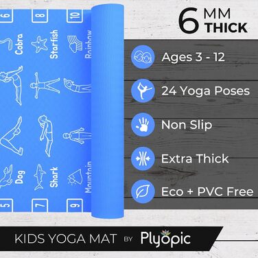 Дитячий йога-мат Plyopic 6 мм, нековзний TPE, для хлопчиків і дівчат 3-12 років, легкий килимок для фітнесу, дитсадка та школи