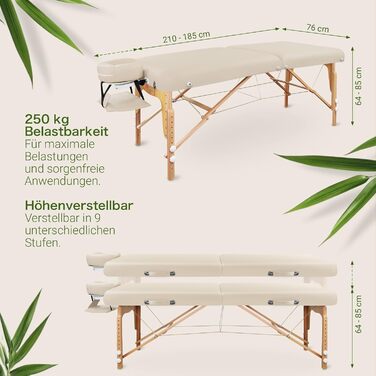 Масажний стіл Zen з круглими кутами, складний та регульований по висоті - професійний масажний стіл з цільного дерева з регульованою спинкою, підголівником, підлокітниками та кишенею (кремовий)