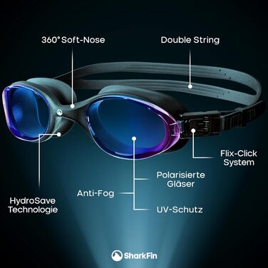 Окуляри для плавання SharkFin з захистом від УФ та запобіганням запотіванню, комфортні, з етиуі, для дорослих та підлітків, блакитні