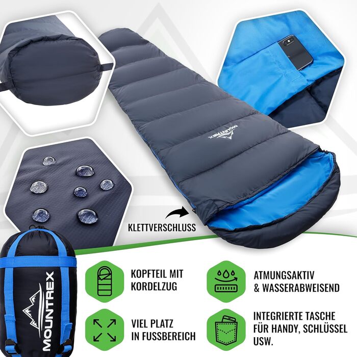 Сплячий мішок MOUNTREX® - компактний та ультралегкий (760г/1500г) - Outdoor спальний мішок для літа (100GSM) / 3-4 сезони (300GSM) - Мумієподібний спальний мішок – кемпінг, подорожі, фестивалі – теплий та з'єднуваний, темно-синій/синій