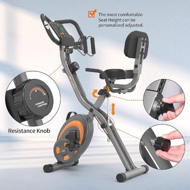 Leikefitness Складне велотренажер з еспандерами, датчиком пульсу та LCD-дисплеєм, сірий (2280)