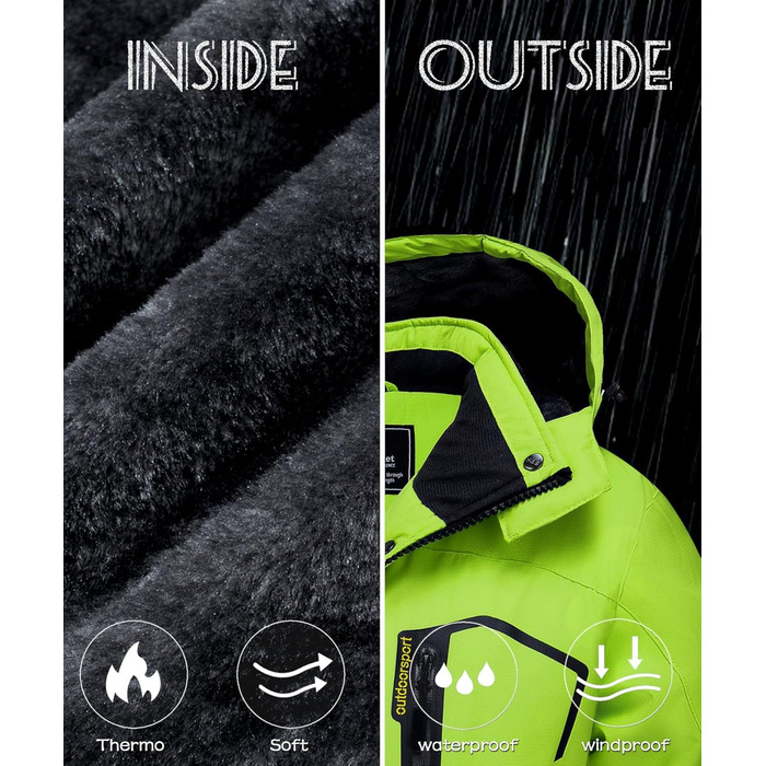 TACVAEN Куртка перехідна жіноча тепла зимова фльорокована куртка для хаджінг, водонепроникний блискавка, біло-чорний (XL, неоново-зелений)