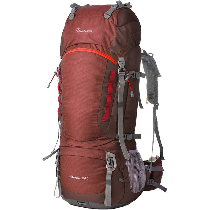 MOUNTAINTOP туристичний рюкзак 80 л з дощовиком для чоловіків і жінок, великий рюкзак для подорожей, кемпінгу та трекінгу, бордовий