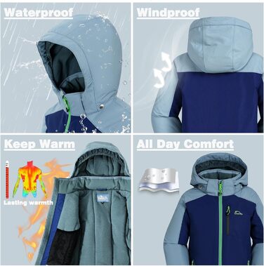 SNOWER Дитячий зимовий комбінезон для хлопчика з капюшоном, гірськолижний костюм, теплий, кольоровий зелений (10-12 років, індиго)