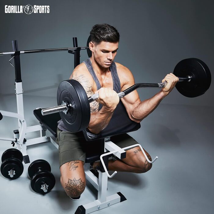 Набір гантелей GORILLA SPORTS 100 кг: штанга 170 см, Z-гриф 120 см, 2 гантелі 30 мм, пластикові диски 1,25-15 кг, 8 замків-зірок