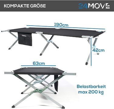 Розкладне ліжко 24MOVE® для кемпінгу та відпочинку на природі, 210x72x45 см, до 200 кг, чорне