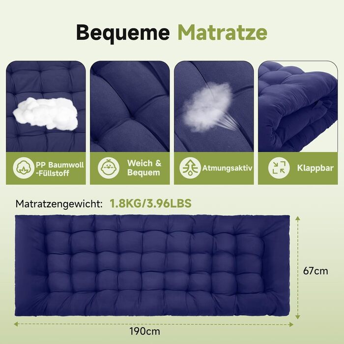 Розкладне ліжко Warmiehomy XXL з матрацом для дорослих, гостьове ліжко, широке та міцне, для кемпінгу, відпочинку, офісу, саду, сіре (блакитне), з матрацом