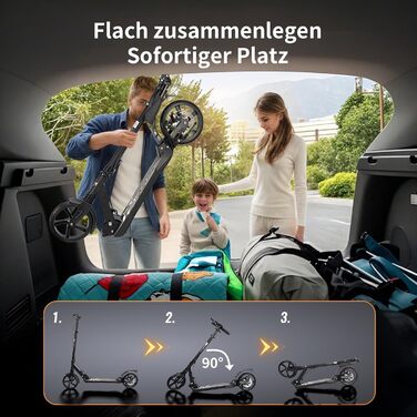 Роликовий самокат Uluck Roller Erwachsene для дорослих та підлітків, 200 мм, дискові гальма, складаний, з ременем та подвійною амортизацією (Чорний)