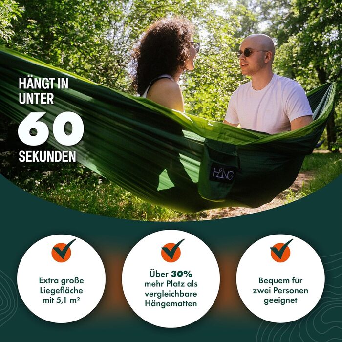 Гамак подвійний HÄNG XXL 300x170 см для кемпінгу, подорожей та саду - водостійкий, ультралегкий (850 г), витримує до 200 кг, з парашутної тканини Forest & Green + комплект кріплень