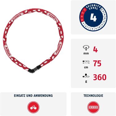 Дитячий ланцюговий замок ABUS Steel-O-Chain 4804C SYMBOLS з кодовим замком, червоний, 75 см, рівень безпеки 4