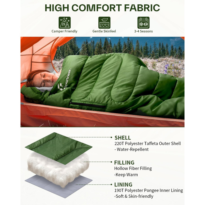 Сплячий мішок Sportneer Outdoor - ковдровий спальний мішок 3-4 сезони для дорослих, теплий спальний мішок для кемпінгу, подорожей та активного відпочинку (200x85см, зелений)