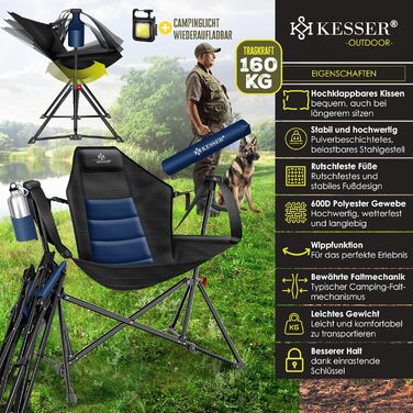 Крісло для кемпінгу KESSER® зі спинкою, 160 кг, з підсвіткою та тримачем для напоїв | Розкладне крісло-гойдалка для риболовлі, пляжу, відпочинку, хакі (темно-синій/чорний)
