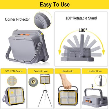 ERAY Сонячний LED прожектор 150W з акумулятором 7800mAh, 336 LED, 4 режими, 3 способи зарядки, портативний кемпінговий ліхтар та робоча лампа для кемпінгу, гаража, надзвичайних ситуацій на відкритому повітрі (сірий)