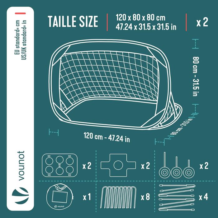 Набір з 2 воріт для футболу Vounot Pop-Up 120x80x80 см, дитячі, портативні, для саду, вулиці та тренувань 4-в-1