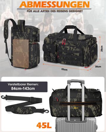 Спортивна сумка RAINSMORE 3-в-1 для чоловіків 45L: рюкзак, сумка-валіза з відділенням для взуття, ноутбука та мокрого одягу, фітнес-сумка, камуфляжний колір