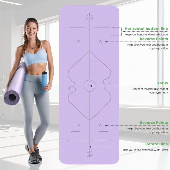 Йога мат Soontrans, 8 мм, TPE, з гумовими стрічками, килимком для колін, фітнес мат для пілатесу та тренувань (фіолетовий, 183x68 см)