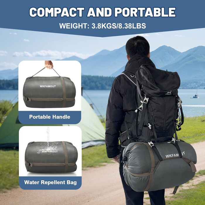 Спальний мішок для двох дорослих, ковдровий, водонепроникний, флісовий, 220x150 см, сірий, з сумкою для зберігання