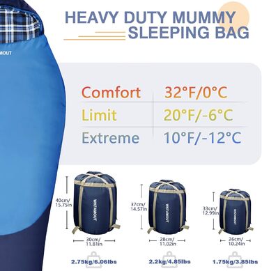Спальний мішок WKFAMOUT Mumienschlafsack Outdoor -12°C-0°C [500GSM] з фланелі для кемпінгу та подорожей. Підходить для дорослих та дітей. Зручний, теплий, машинне прання.