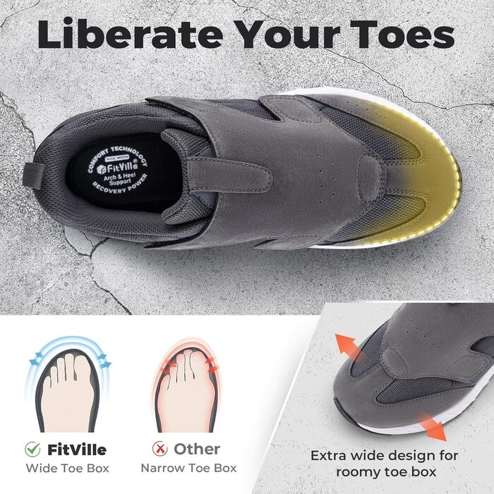 Кросівки для бігу та ходьби FitVille для чоловіків (широкі) - спортивні кросівки, снікерси з клямкою, зручні для широкої стопи, ортопедичні, неслизькі, сірі (43 EU)