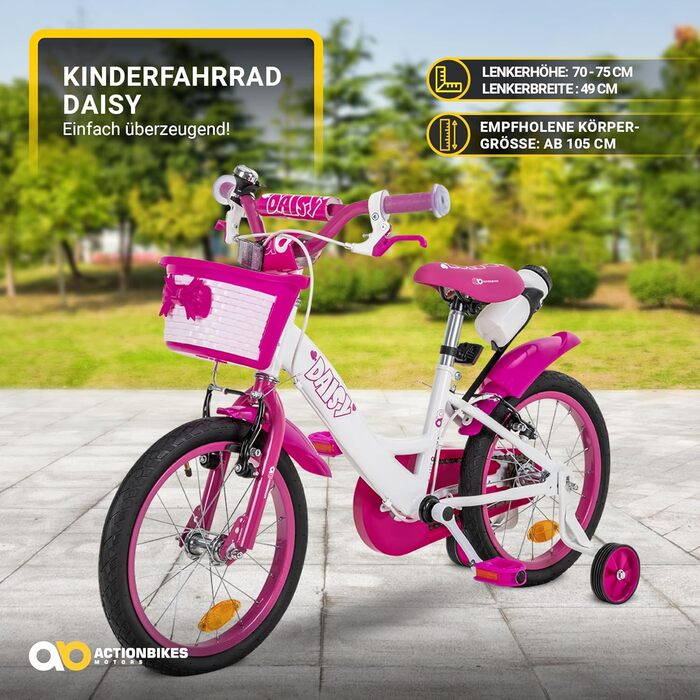 Дитяче велосипед Actionbikes Daisy 12/16 дюймів з V-Brake гальмами | Для дітей 2-9 років | З брудозахисниками | Підходить для дівчаток та хлопчиків