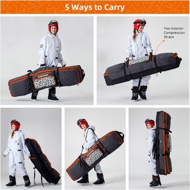 Сумка для сноуборду XCMAN з підкладкою та колесами, розширювана сумка-тележка для перевезення літаком, регульована довжина, водонепроникна, з захисними ребрами (Помаранчевий)
