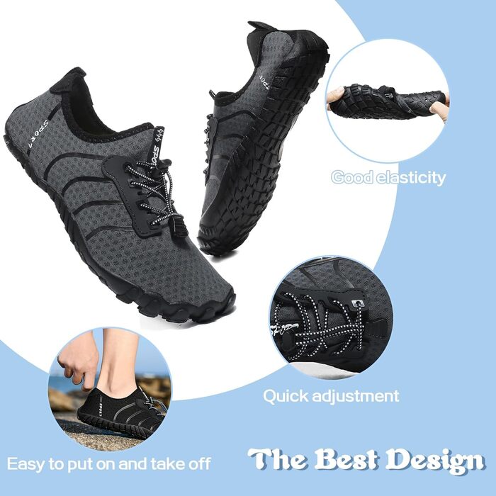 Чоловічі та жіночі аквашузи для плавання та серфінгу. Швидковисихаючі, підошва не слизька. Розмір 46 EU, сірий колір (6906)