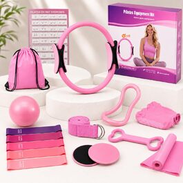 Pilates Ring 12-в-1: Набір для пілатесу з м'ячем, гумовими стрічками, дисками для ковзання, шкарпетками та сумкою, Рожевий