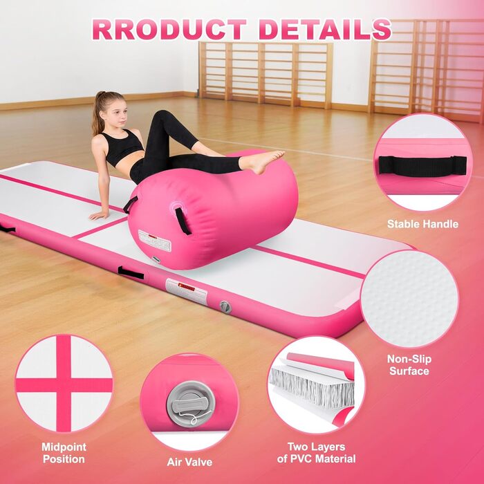 Airtrack мат для гімнастики 10 см, 3м/4м + повітряний рол 100x60см, електричний насос (Рожевий, 300x100x10см + 100x60см)