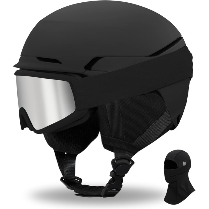 Шкільний шолом з маскою, DXH811. Унісекс, знімні навушники, дихаюча вентиляція, регульований захист від УФ-випромінювання. Підходить для сноубордингу та катання на лижах. Матовий чорний + маска + шолом M