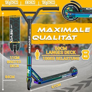 Трюковий самокат RE:SPORT® REVO Rainbow для дітей та дорослих зі стійкою | Професійний самокат з колесами 100мм PU та Y-рулем | Самокат трюковий, кікскутер ABEC 9