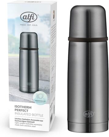 Термос alfi ISOTHERM PERFECT AV 350 мл, нержавіюча сталь, автоматична кришка, з чашкою, для напоїв, герметичний, тримає тепло 12 годин, BPA-free, матовий сірий, без слідів від пальців