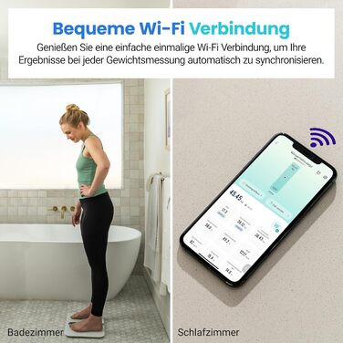 Розумна вага Etekcity з Wi-Fi, для аналізу складу тіла: вимірювання жиру, м'язової маси, 13 показників, USB-зарядка, до 180 кг, велика поверхня, біла