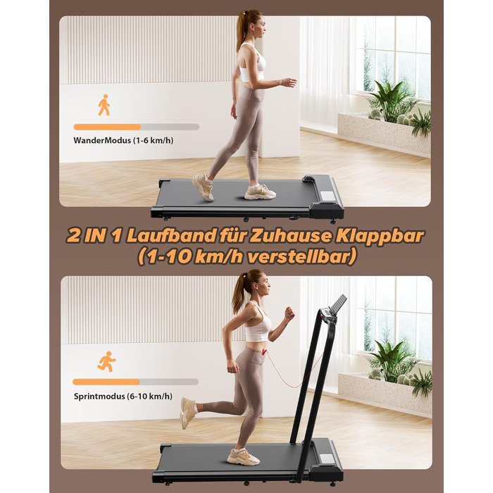 Біговий доріжка для дому складний 2 в 1, Walking Pad з регульованим столом, 1-10 км/год, LED-дисплеєм, пульт дистанційного керування, 2.5 PS, 120 кг, з підлокітниками