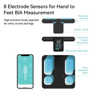 Fitdays Вага для аналізу тіла Smart з 8 електродів - точна цифрова вага BMI з Bluetooth, 20+ показників, синхронізація для 6 користувачів