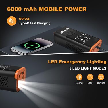 Електрична портативна насосна станція HITWAY 6000mAh, 150PSI, акумуляторний компресор для авто, велосипедів, мотоциклів і м'ячів, з функцією Powerbank
