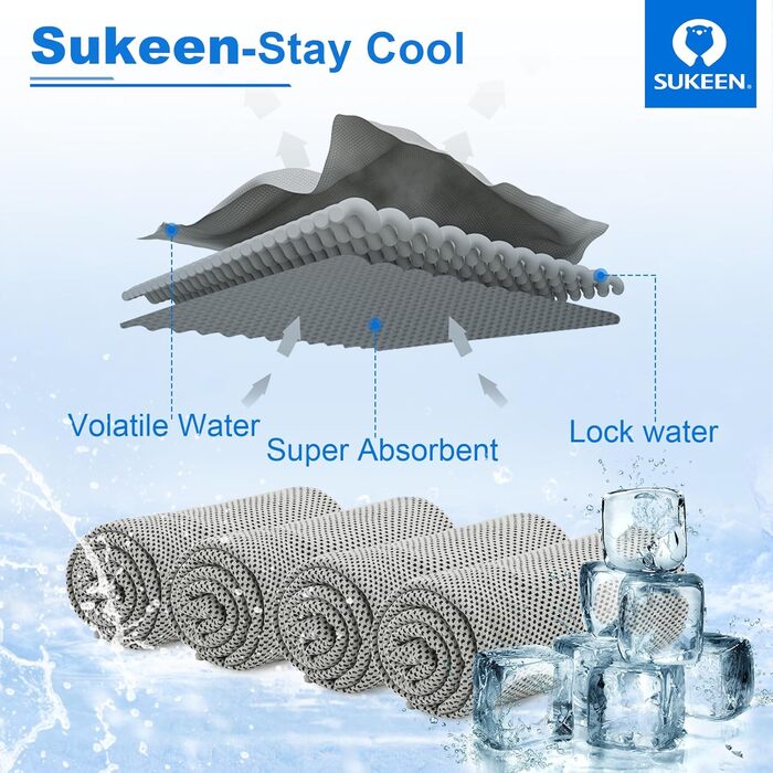 Рушник для охолодження Sukeen 4 шт. (101,6 x 30,5 см) - для спорту, фітнесу, тенісу, тренажерного залу - охолоджуючий рушник для шиї та тіла (сірий)