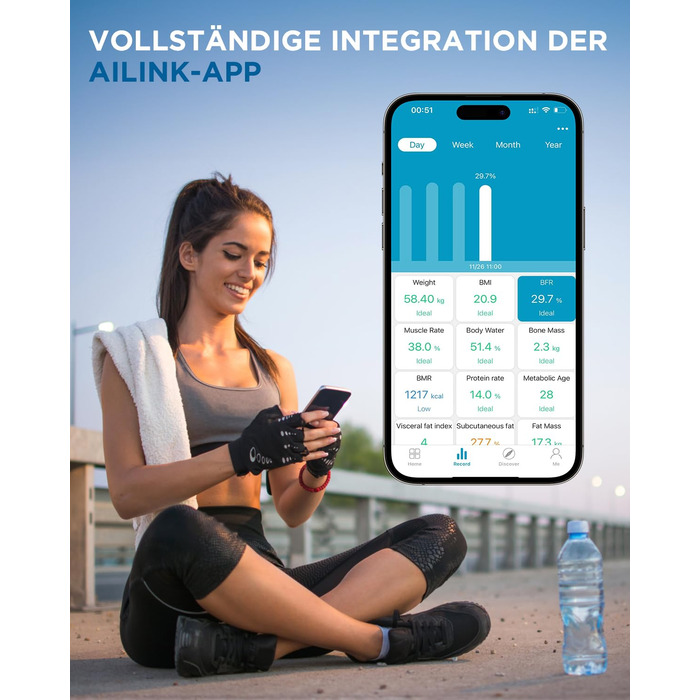 Ваги Flybunny для вимірювання складу тіла: жир, м'язи, BMI, пульс, вода, білок, кістки. Цифрові ваги для людей. Білий & Чорний колір