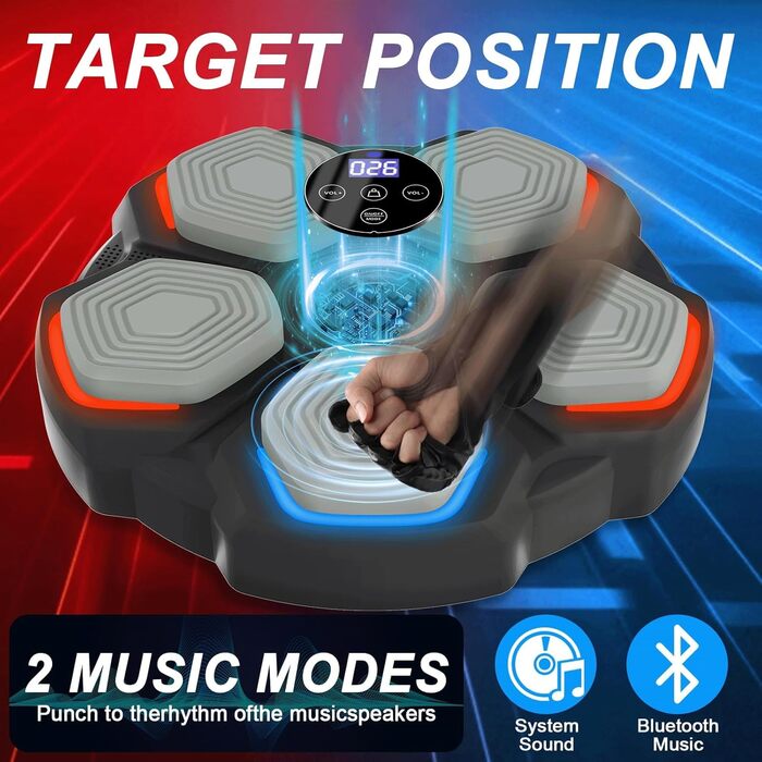 Музична боксерська машина – розумна боксерська машина з LED-підсвіткою, боксерськими рукавичками, 8 режимів швидкості та функцією підрахунку, настінна боксерська машина з музикою для дітей та дорослих (35*35 см)