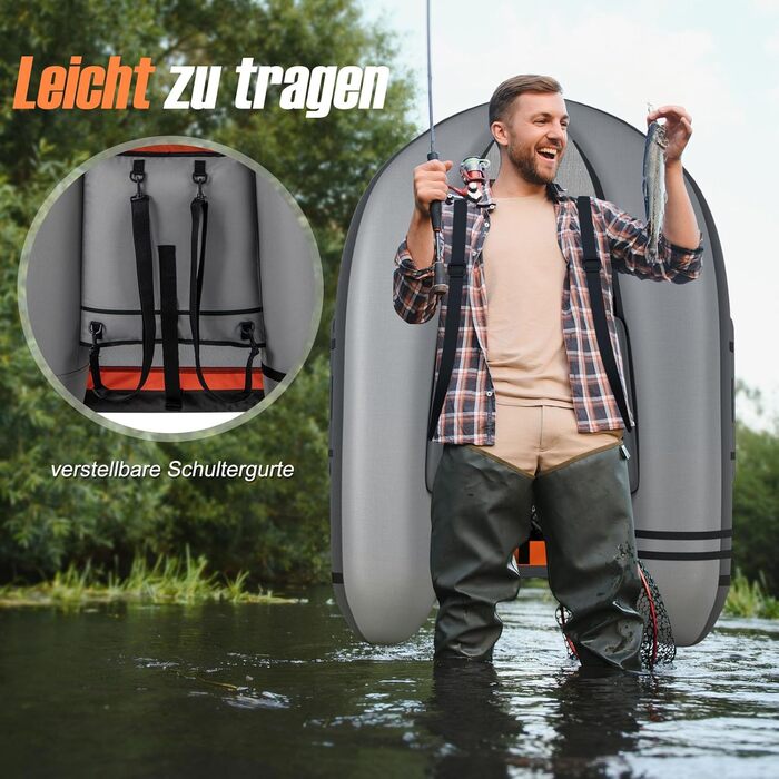 Надувне рибальське човен GYMAX: компактне belly boat з насосом, веслами та регульованими ременями. Витримує до 150 кг (сірий)