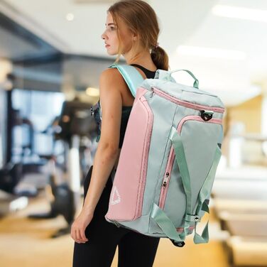 Спортивна сумка для жінок 45L з відділенням для взуття, мокрою сумкою, водонепроникна, для подорожей, спортзалу, басейну. Сумка-рюкзак для фітнесу, спорту, подорожей. Зелена/Рожева.