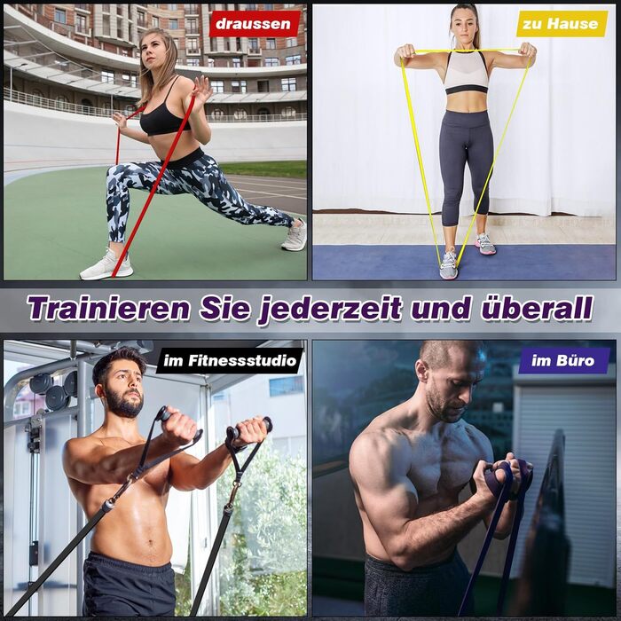 Еластичні гумки для фітнесу, стрічки опору 5-100LB, для силових тренувань, пілатесу, фізіотерапії, йоги, допомога при підтягуванні, для чоловіків та жінок (4 шт.) чорний+червоний+жовтий+фіолетовий