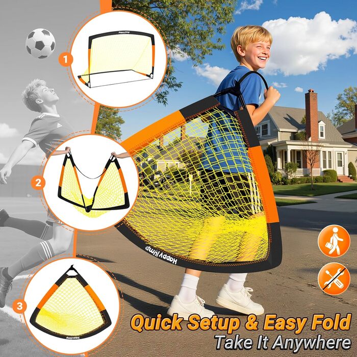 Ворота для футболу Happy Jump Pop-Up - складані для дітей та дорослих | 1 або 2 ворота: 120x90 / 152x110 / 213x152 см | З м'ячем, насосом, конусами та мішенню | Для саду та подарунка