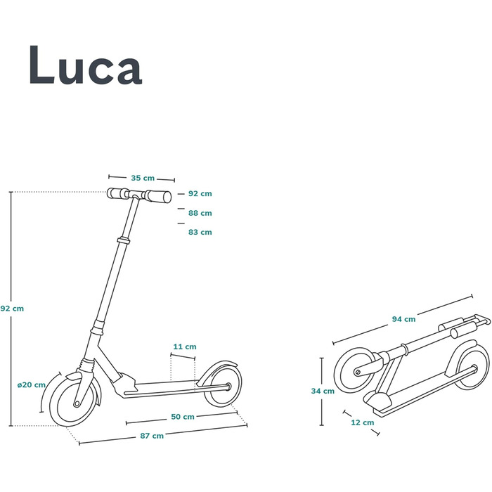 Самокат LIONELO Luca для дітей і дорослих, до 100 кг, складаний, легкий 4 кг, міцна конструкція, 20 см колеса, амортизація ShockResist, заднє гальмо, нековзкий