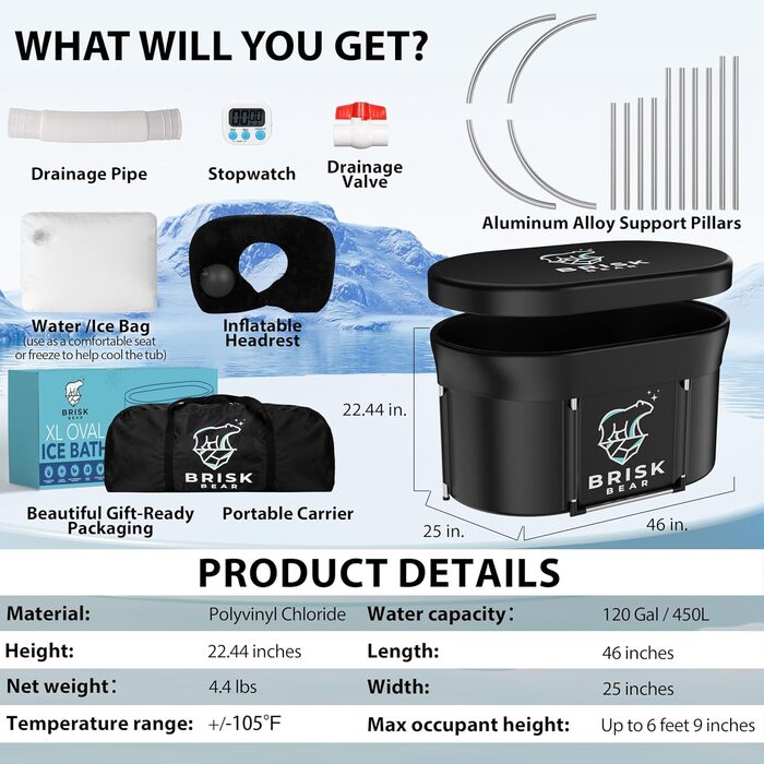 Еліптична ванна для криотерапії XL від Brisk Bear з кришкою – велика ванна для відновлення після спорту з цифровим таймером – холодне занурення для розслаблення та зняття напруги
