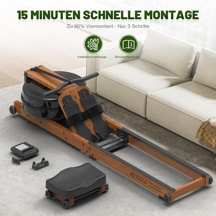 Гребний тренажер Kitopa з водою, дерев'яний, для дому, складаний, з Kinomap (30 днів), максимальна висота користувача 2м, вага до 160кг, Bluetooth, дисплей, регульований тримач для телефону, коричневий